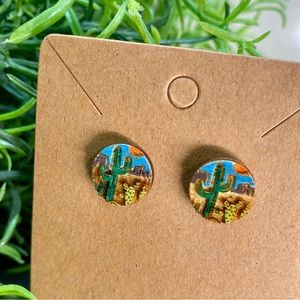 Hand Painted Western Desert Cactus Scene Wood Stud Earrings